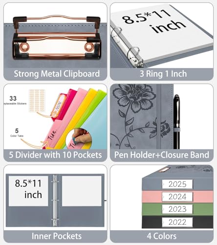 3 Ring Binder 1 Inch, Leather Binders with Clipboards, with 10 Pocket Divider(Grey, Letter Size) - color: Grey