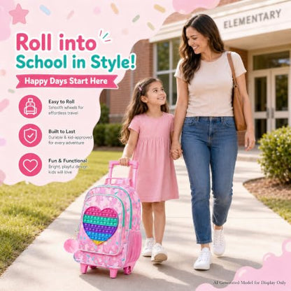 CCJPX 3Pcs Kids Rolling Backpack for Girls, Love Roller Wheeled Bookbag Toddler Elementary School Bag with Wheels (Pink) - color: Love Pink