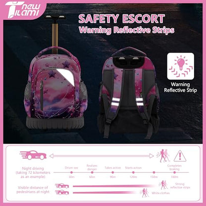 NEW TILAMI 16 Inch Rolling Backpack with Lunch Bag for Kids Adjustable Handle Carry-on Suitcase Wheels for Girls Boys School Travel Camping, Pink - Purple Galaxy - color: Pink - Purple Galaxy