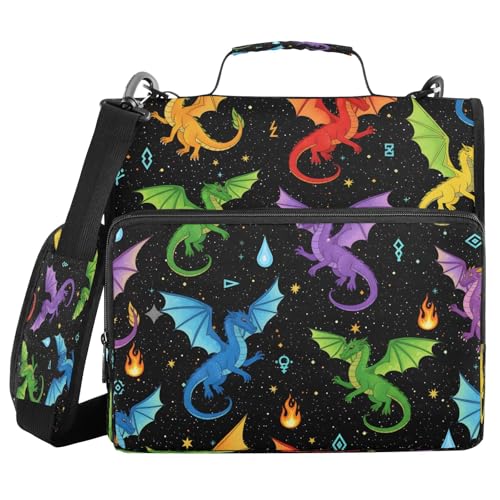 3 Ring Zipper Binder With Shoulder Strap Documents Storage Organizer Animal Dog - color: Colorful Dragon Cartoon