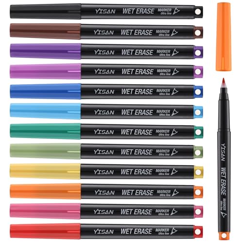 YISAN Ultra Fine Tip Magnetic Wet Erase Markers, 0.7mm, 12 Colors | Low Odor, For Whiteboard, Office Home Planning Board Use, 70580