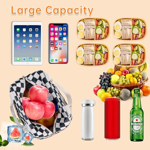 Lunch Bag for Women Men - Reusable Insulated Lunch Box with Handle, Leakproof Checkered Design for Office, School, Picnic - color: White-Black-Grid