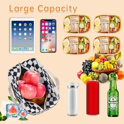 Lunch Bag for Women Men - Reusable Insulated Lunch Box with Handle, Leakproof Checkered Design for Office, School, Picnic - color: White-Black-Grid