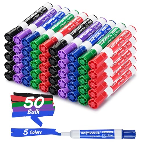 WOSWEL Dry Erase Markers, Chisel Tip Whiteboard Markers, Low Odor Thick Dry Markers, 50 Bulk 5 Assorted Colors (Black/Blue/Red/Green/Purple) for Teachers, Classroom, Office & Home Use