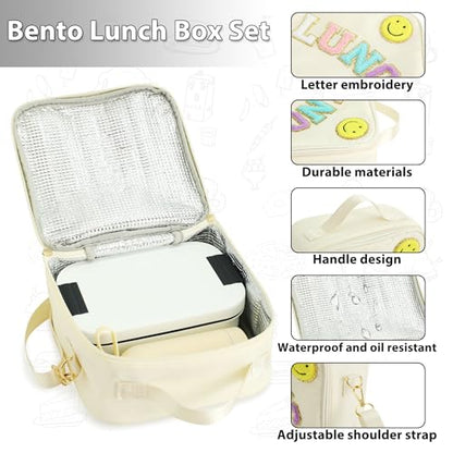 Bento Lunch Box Set for Kids - White Nylon insulated Lunch Bag with 12oz Thermos, Leak-Proof Containers, Adjustable Strap, Birthday Gifts for Girls School Travel Picnic (Ages 3-15) - color: Beige White Set