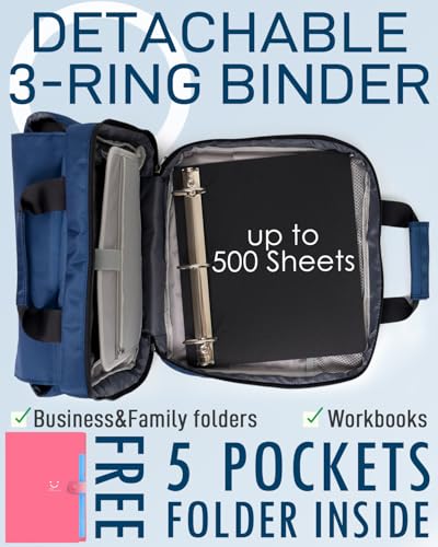 3 Ring Zipper Binder Bag with Handle and Shoulder Strap, 2-Inch O-Ring, Large Laptop Pocket, 5-Tab Expanding File Folder, School Supply Kit (Dark Blue)