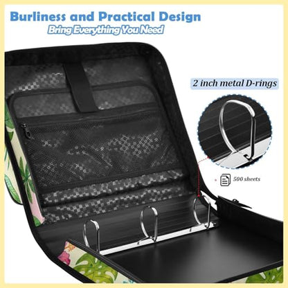 Abstract Tropical Leaves Zipper Binder with 2 Inch D-Rings Expandable File Portfolio with Shoulder Strap, Waterproof Nylon Organizer for 14" Laptop for Work College Travel