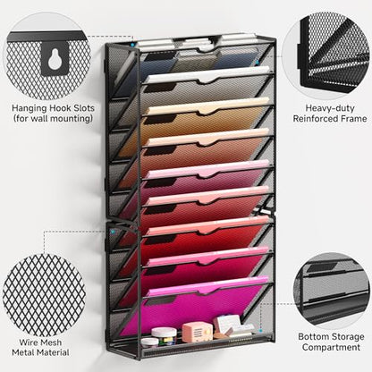 Lavatino 10-Tier Hanging Wall File Folders Organizer - Black Metal Mesh Paper Magazine Document Mail Holder File Organizer for Office School Home Wall Mount or Desk Supplies Organization