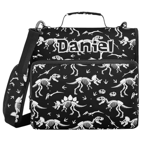 Custom Dinosaur Skull Black Pattern 3 Ring Zipper Binder with Shoulder Strap & Handle 1.5 Inch D-Ring Zippered Bag with Multiple Pocket, Personalized Binder Organizer for School or Office - color: Dinosaur Skull Black
