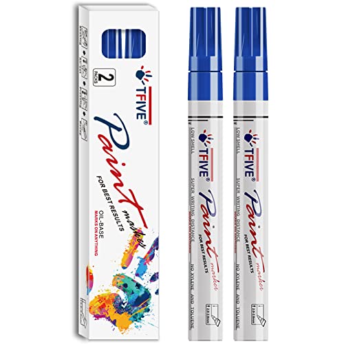 TFIVE Blue Permanent Markers Paint Pens, 2 Pack Oil Based Paint Markers | Waterproof, Quick Dry, Never Fade, Medium Tip Marker Pens for Rock Painting, Wood, Metal, Plastic, Canvas, Glass, Rubber - color: Blue