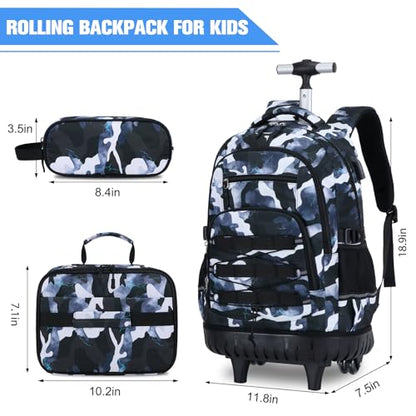 ACESAK Camo Rolling Backpack Boys, Tactical Kids Backpack Boys, Kids Suitcase for Boy Teens Elementary Middle High School, Military Backpack with Wheels and Lunch Bag Pencil Case Set (Camo Lightning) - color: Camo Lightning