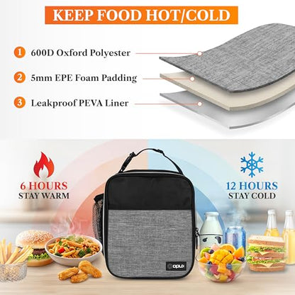 opux Insulated Lunch Bag for Kids Boys Girls, Small Compact Lunch Box with Wide Opening & Mesh Pockets, Reusable Lunch Pail for School, Work, Adults, Men, Women, Heather Grey - color: Heather Gray