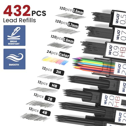 WUO Metal Mechanical Pencil Set, 5-Pack 0.5mm 0.7mm 0.9mm 2.0mm Drafting Pencils with 432 Lead Refills, Precision Eraser Pen, Erasers & Sharpeners for Drawing, Sketching, Writing - color: Black, size: 0.5/0.7/0.9/2.0