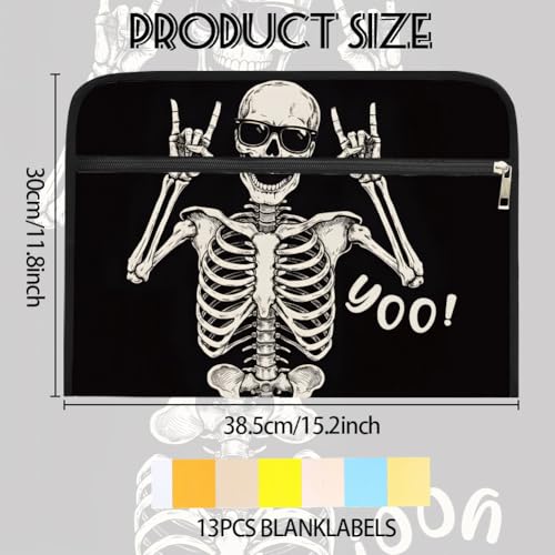 WEBEEDY Expanding File Folder with 13 Pockets, Labels and Zipper, Portable Accordion File Organizer Paperwork Folder for Documents A4 Paper Receipt Travel Office, Back to School Halloween(Skeleton)