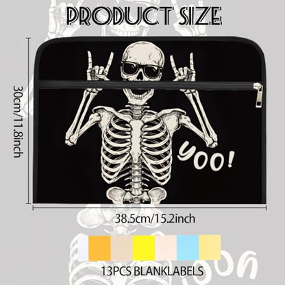 WEBEEDY Expanding File Folder with 13 Pockets, Labels and Zipper, Portable Accordion File Organizer Paperwork Folder for Documents A4 Paper Receipt Travel Office, Back to School Halloween(Skeleton)