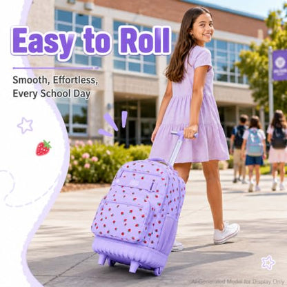 3Pcs Rolling Backpack for Girls, School Roller Bookbag with Wheels, Strawberry Wheeled Backpacks Set for Women (Purple) - color: Purple Strawberry