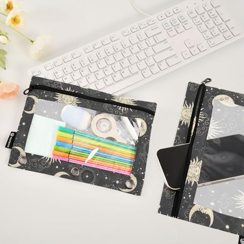 ZAZYXTJ Sun Binder Pencil Pouchs 3 Ring with Zipper Clear Window Office Organizers bag for School Students Teacher Supplies 2 Pack - color: Sun