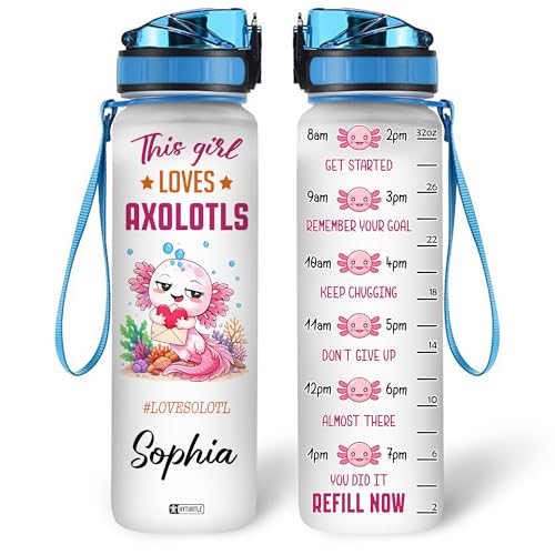 Hyturtle Personalized Axolotl Water Bottle - 32oz Motivational Water Bottle with Leak-Proof Lid & Time Marker - Custom Name Gift for Axolotl Lovers, Women, Girls, Boys - Birthday & Christmas Gift - color: Axolotl