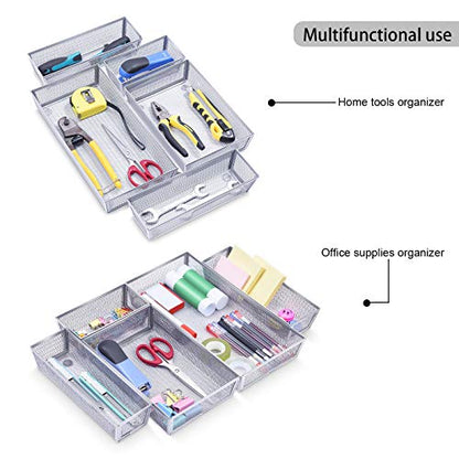 WuGeShop Mesh Silverware Tray Drawer Organizer, Kitchen Utensils Flatware with Anti-slip Mats, Silverware Storage Cutlery Tray for Knives Fork Spoon (5 Separate Compartments, Silver)