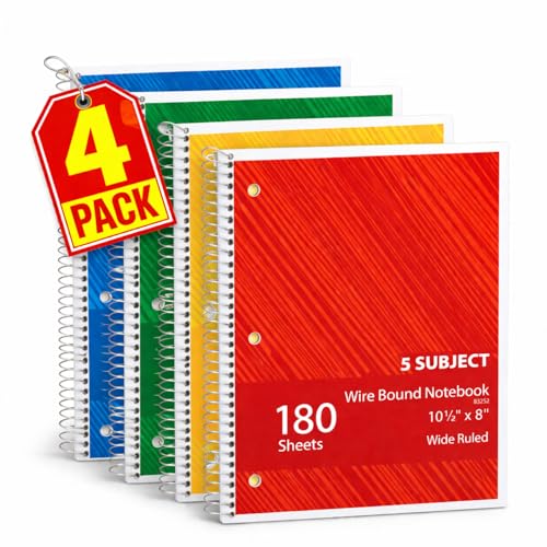 1InTheOffice Spiral Notebook College Ruled 10.5 x 8, 5-Subject College Ruled Notebooks, Wirebound Spiral Notebooks, 180 Sheets, Assorted Colors, 1 Pack (4)