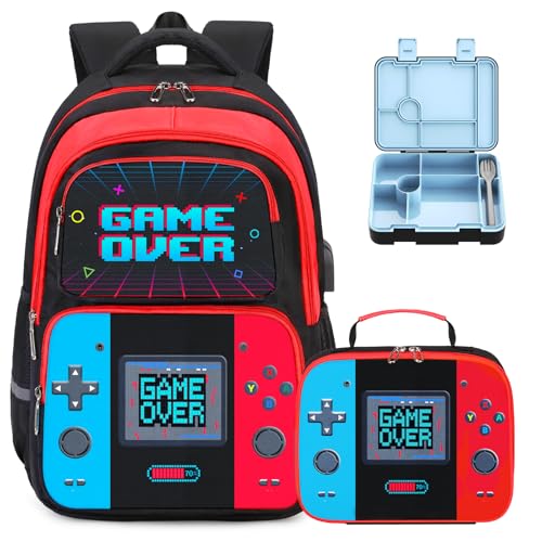 Bevalsa Kids Backpack for Boys with Bento Lunch Box, Insulated Bag & Utensils, 43oz Lunch Containers with 6 Compartment, Gamer Backpack School Bags for Elementary Middle School Student (Red Blue) - color: Red Blue