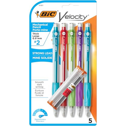 BIC Velocity Strong Lead Mechanical Pencils, With Colorful Barrel, Thick Point (0.9mm), 5-Count Pack Mechanical Pencils With Erasers - style: Thick Point