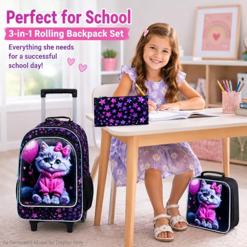 CCJPX 3Pcs Cat Rolling Backpack for Girls, 18" Kids Wheeled Bookbag with Lunch Box, Lightweight Roller School Bag for Elementary Preschool (Black) - color: Pink-clothed Cat