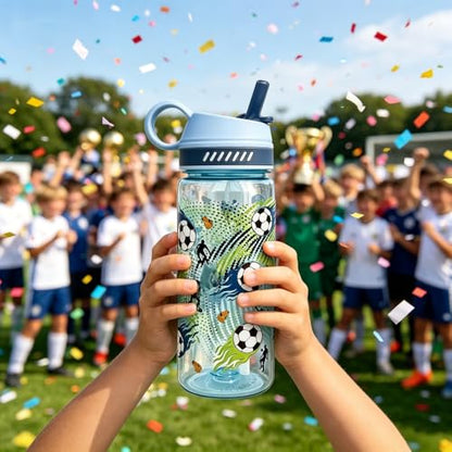18oz Large Capacity Kids Water Bottle, Sturdy and Drop-resistant | Leak Proof, BPA Free, with Straw & Handle for School Travel, Dishwasher Safe - color: Football