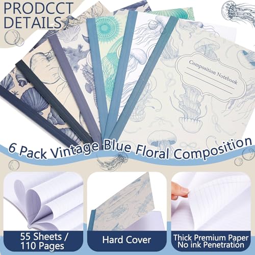 Harloon 6 Pack Composition Notebooks College Ruled Bulk Blue Ocean Composition Notebook 110 Page 7-1/2" x 9-3/4" Retro Aesthetic Journal Back to School Gift for Classroom Office First Day of School - style: Ocean