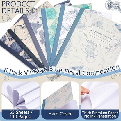 Harloon 6 Pack Composition Notebooks College Ruled Bulk Blue Ocean Composition Notebook 110 Page 7-1/2" x 9-3/4" Retro Aesthetic Journal Back to School Gift for Classroom Office First Day of School - style: Ocean