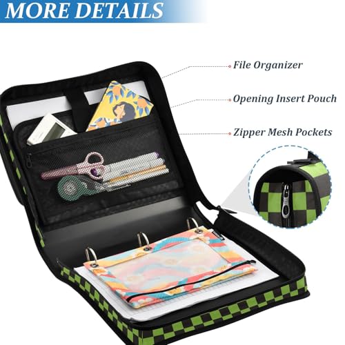 Green Black Checkered Binder Bag 3 Ring Zipper Binders with Shoulder Strap for School Office Organizer Storage - color: Q009