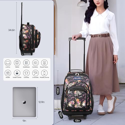20" 2-in-1 Rolling Backpack,Backpack for Travel w/Wheels | Trolley Suitcase w/Telescopic Handle,Lightweight,Durable, Travel-Friendly, Unisex,2561-20''-Floral - color: JH-2561-Floral-20