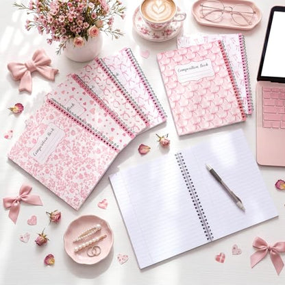 AmazingSpark 6 Pack Lefty Preppy Notebook Cute Bow Coquette Journal 7" x 9" College Wide Ruled 110 Pages Left Handed Aesthetic School Supplies Gifts for Teens Girls Women(Spiral,Pink Bow) - color: Pink Bow, style: Spiral