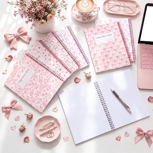 AmazingSpark 6 Pack Lefty Preppy Notebook Cute Bow Coquette Journal 7" x 9" College Wide Ruled 110 Pages Left Handed Aesthetic School Supplies Gifts for Teens Girls Women(Spiral,Pink Bow) - color: Pink Bow, style: Spiral