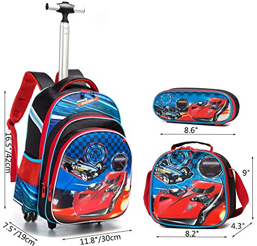Meetbelify 3Pcs Rolling Backpack for Boys,School Backpack with Wheels for Boys - color: Red Car