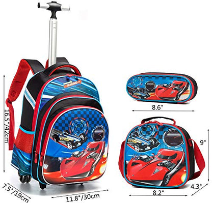 Meetbelify 3Pcs Rolling Backpack for Boys,School Backpack with Wheels for Boys - color: Red Car