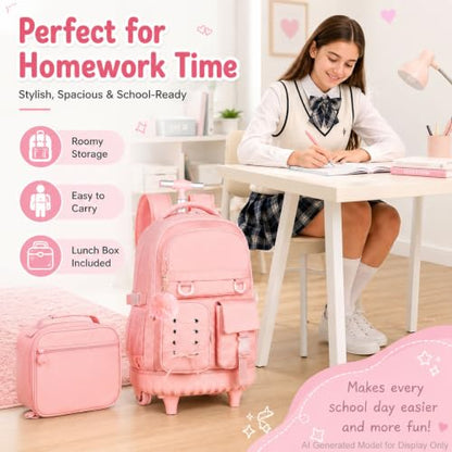 KLFVB Rolling Backpack for Girls, 3PCS Roller Bookbag with Lunch Bag for Kids, Wheeled School Bag for Teen - Pink Ribbon Bow - color: Pink Ribbon Bow Rolling Backpack