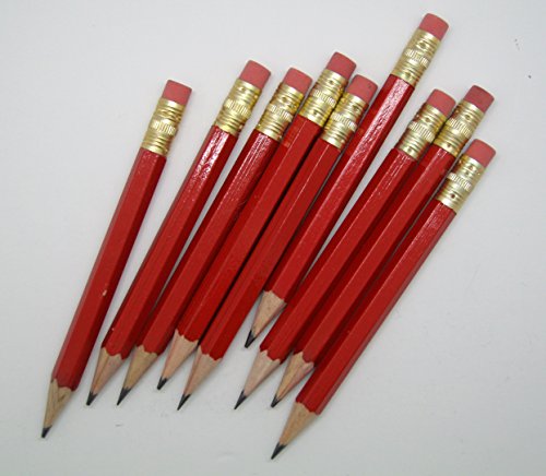 Red Golf Pencils with Eraser - Half, Pew, Short, Mini, Small, Non Toxic - Hexagon, Sharpened, #2 Pencil, Color - Red, Pkg of 36 Pocket Pencils™