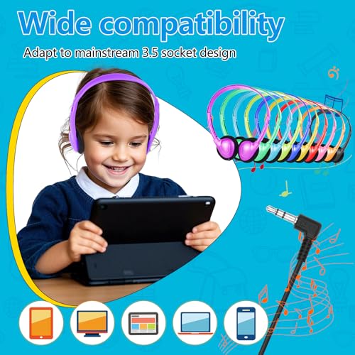 25 Pack Bulk Headphones for Classroom, 3.5mm Jack Multi Color | Wired On Ear Headphones for Kids Boys Girls Teens Adults. Laptop Computer. School Testing Library Online Learning