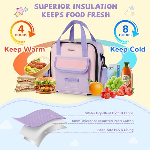 REDSHELL Lunch Box Kids, Large Insulated Lunch Bag for Girls, Purple | Tactical Style, Cooler Lunchbag, Square Toddler Lunchbox, School & Daycare, Lunch Tote, Water Bottle Holder, Adjustable Strap - color: Purple