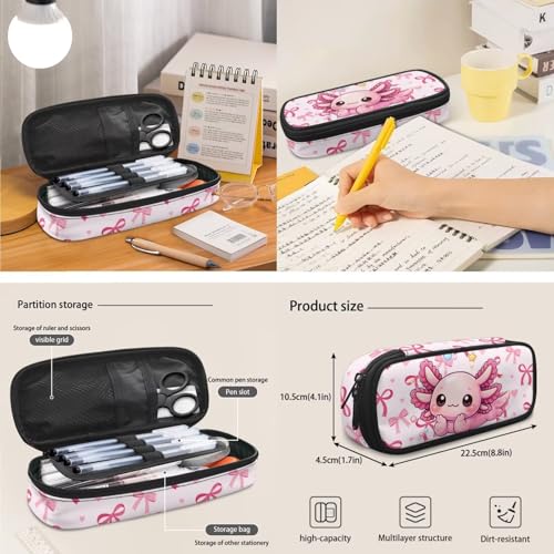 Kids Bookbag & Insulated Lunch Bag & Pencil Case Set for Elementary School, Axolotl 3-Piece Matching Backpack Lunchbox Pouch for Girls, Lightweight Waterproof Student Supplies - color: Pink Bows-axolotl