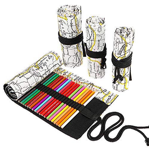 Funny live 24/36/48/72 Slots Colored Pencil Wrap Roll up Pen Holder Case Drawing Coloring Pencil Roll Organizer Stationery Case for Student Artist Traveler (Map, 24 Slots) - color: Map, size: 24 Slots