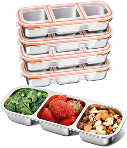 KTKUDY 5 Pack Stainless Steel Snack Containers for Kids & Adults - Large - Leak-Proof 3-Compartment Stackable Snack Lunch Boxes for School, Work & Travel - size: 5 Pack-3 Sections