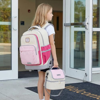 18 Inch Rolling Backpack for Girls, 3-Wheel Stair Climbing Kids Roller Backpack Set with Lunch Bag & Rain Cover, Travel Backpack for Kids, Back to School Essentials for Girls 8-12, Pink