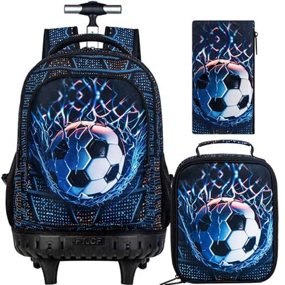 HPJGD 3PCS Soccer Rolling Backpack for Boys, Kids School Backpacks with Wheels, Water Resistant Roller Wheeled Bookbag Set with Lunch Box - color: Black Soccer Rolling Set