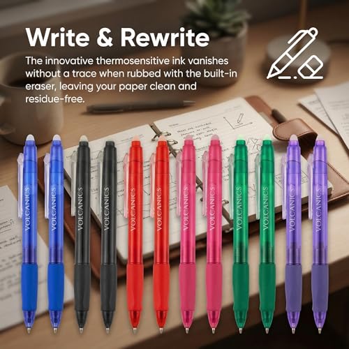 Volcanics Erasable Gel Pens 36 Pack, 6 Vibrant Colors, 0.7mm Fine Point Clicker Retractable Gel Ink Pens, Smooth & Refillable, Back to School Essentials for Home & Office Use - color: Multicolor