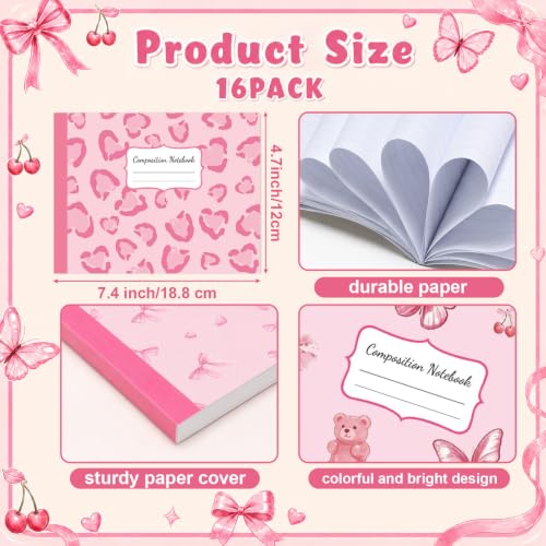 16 Pack Mini Composition Notebooks Bulk College Ruled 7.4'' x 4.7'' Pink Cherry Half Size Composition Books 80 Pages Small Pocket Journal Books Back to School Gift for Student Teacher Office Supplies - color: Pink Cherry