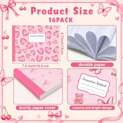 16 Pack Mini Composition Notebooks Bulk College Ruled 7.4'' x 4.7'' Pink Cherry Half Size Composition Books 80 Pages Small Pocket Journal Books Back to School Gift for Student Teacher Office Supplies - color: Pink Cherry