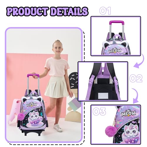 Meetbelify Girls Cute Backpack with Wheels for Elementary Students Kids Black Travel Luggage - color: Black Cat