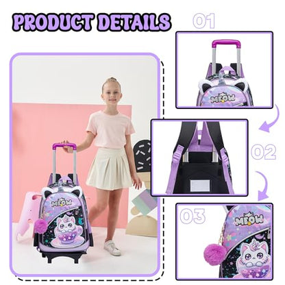 Meetbelify Girls Cute Backpack with Wheels for Elementary Students Kids Black Travel Luggage - color: Black Cat